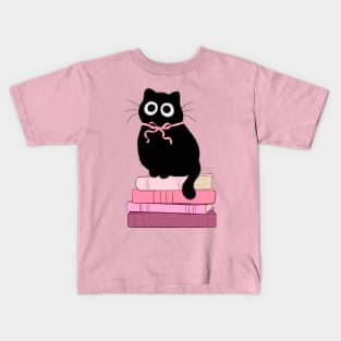 pink coquette cat on stack of books Kids T-Shirt